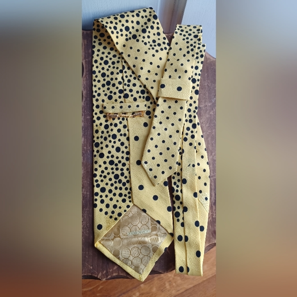 Santostefano Pale Yellow Polka Dot Silk Tie - Picture 2 of 3